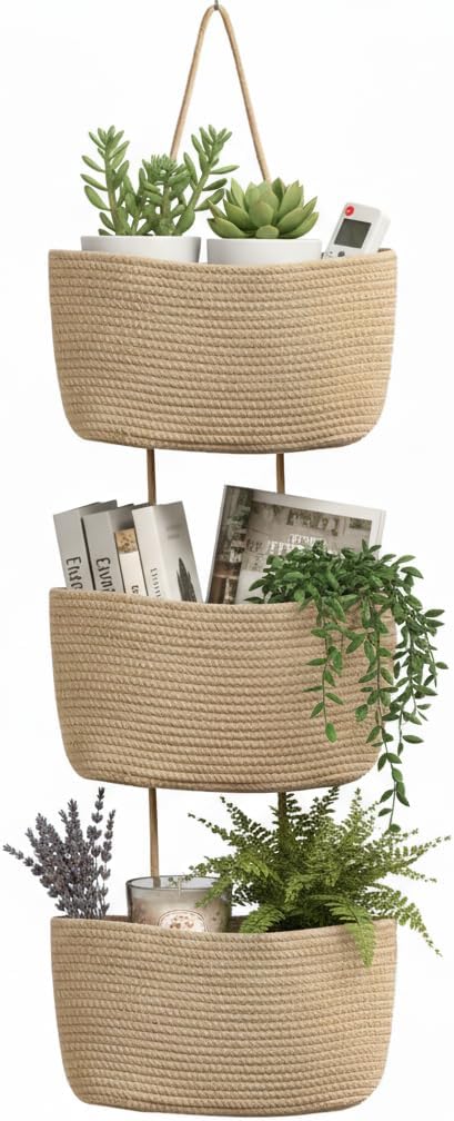 Britwicfr Over the Door Organizer, 3-Tier Hanging Storage Basket with Hooks, Cotton Back of Door Organizer for Living Room, Bedroom, Boho Wall Decor, Toy Storage, Jute
