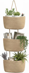 Britwicfr Over the Door Organizer, 3-Tier Hanging Storage Basket with Hooks, Cotton Back of Door Organizer for Living Room, Bedroom, Boho Wall Decor, Toy Storage, Jute