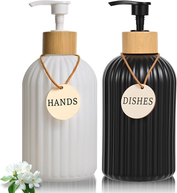 2 Pack ViserVita Glass Hand Soap Dispenser Set with Bamboo Pump, Elegant Refillable Liquid Dish Soap Dispenser, Perfect for Kitchen Sink and Bathroom Decor