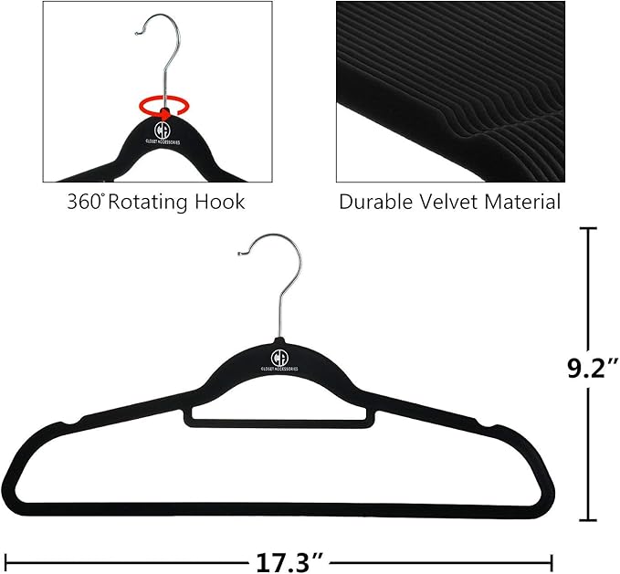 Black velvet hangers, ultra slim space saving, notches, tie bar, swivel hook, 30 pack, with bonus 20 matching velvet finger clips