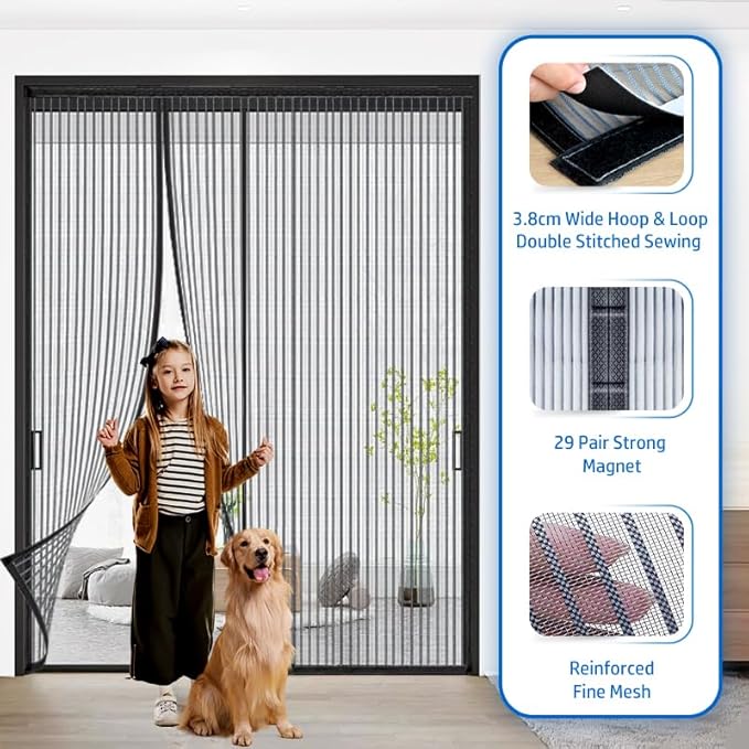 Heavy Duty Door Screen Magnetic Closure, LOVIGA 2024 Thickened Fiberglass Screen Door Mesh, Self Sealing, Left Side Opened, Pets Friendly, Fine Mesh Keep Bugs Out Fit Door Size 72 Inch X 95 Inch