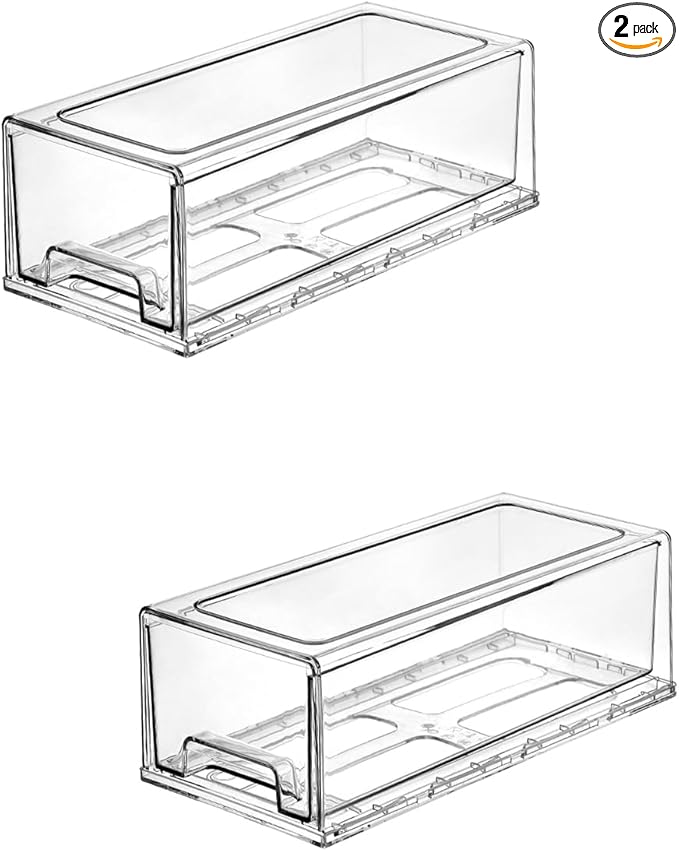2 Pack Stackable Storage Drawers, Plastic Clear Organizer Bins with Handles for Undersink, Kitchen Cabinet, Fridge, Closet, Pantry, Office, Bathroom