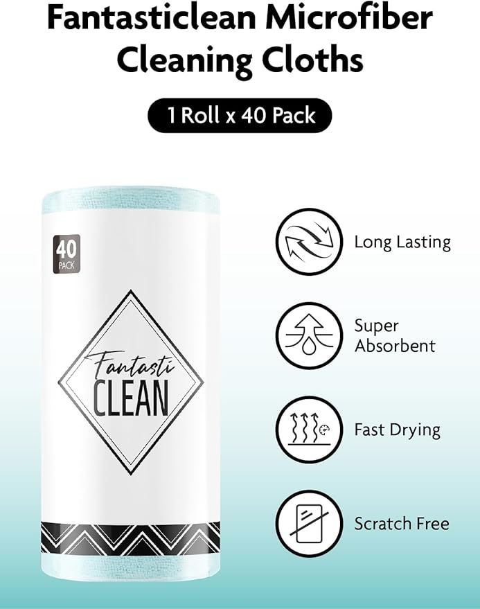 Fantasticlean Microfiber Cleaning Cloth Roll -40 Pack, Tear Away Microfiber Towels, 12" x 12", Reusable, Washable, Scratch Free, Ultra Absorbent Dishcloth for All-Around Cleaning Supplies (Blue)