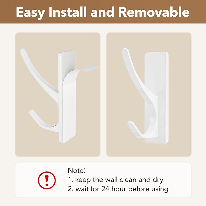 pickpiff Self Adhesive Coat Hooks for Hanging: Heavy Duty Stainless Wall Hook for Towel, Utensil, Backpack, Hat, Sturdy Metal Hanger for Bathroom, Kitchen, Door, White, 4-Pack