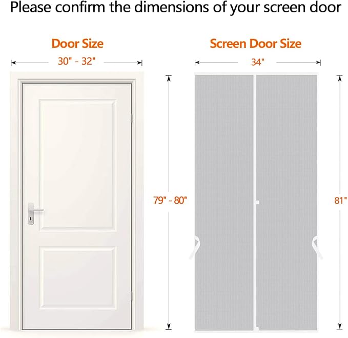 Sunolga 34 x 81 Inch Magnetic Screen Door, Fits Doors Size 32 x 80 Inch, Reinforced Fiberglass Screen Door Mesh with Full Frame Hook & Loop, Door Screen Magnetic Closure for Hands-Free
