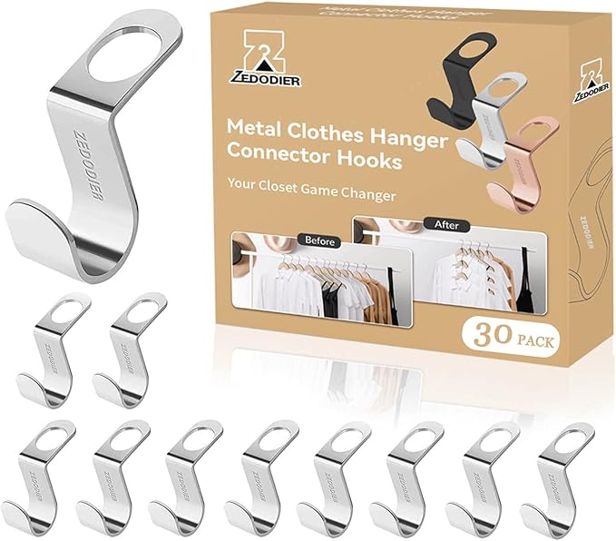 ZEDODIER Metal Clothes Hanger Connector Hooks, 30 Pack Super Sturdy Hanger Extender Hooks, Efficient Closet Space Saver, Easy to Use, Suitable for Heavy Clothing, Fits All Types of Hangers, Silver