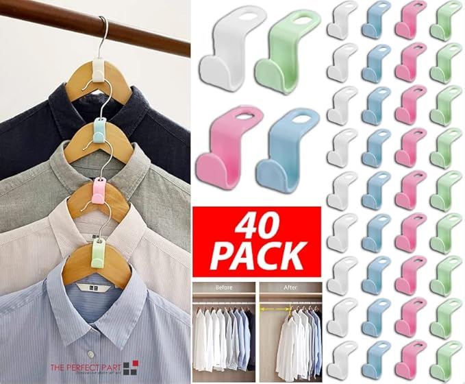 40 PCS Clothes Hanger Connector Hooks | Space Saving Extender Plastic Clip | Heavy Duty Cascading Closet Organizer | Outfit Hangers for Christmas, Home, Bedroom - Clothes Organizer