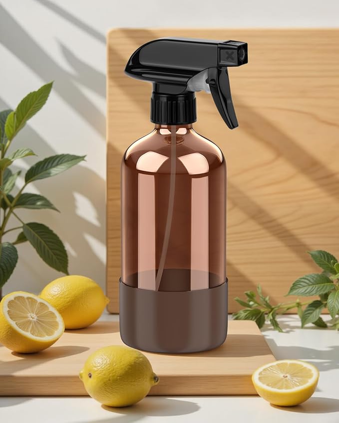 Amber Glass Spray Bottle with Silicone Sleeve Protection, 16 oz Refillable Spray Bottle for Cleaning Solutions, Plants, Aromatherapy, Facial Hydration (Brown Sleeve(Amber Bottle)