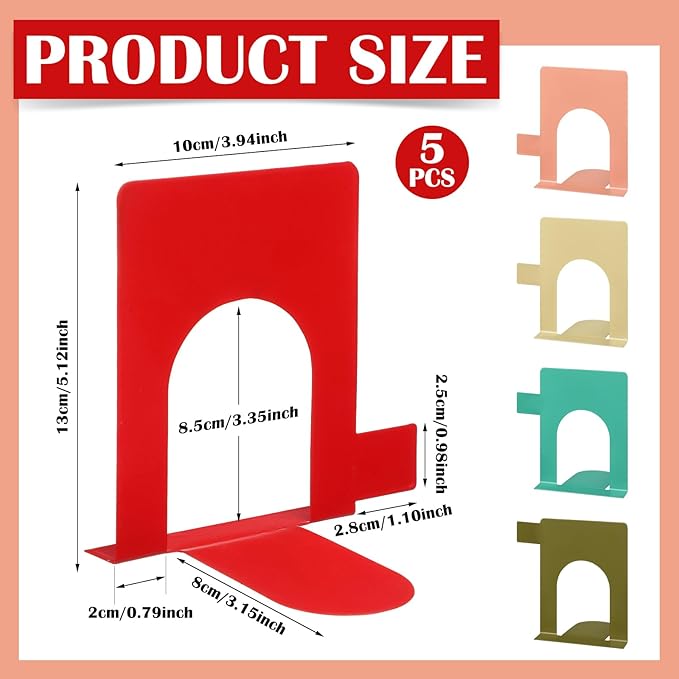 5 Set Metal Book Ends for Shelves Book Shelf Dividers Library Shelf Marker Bookends Stopper Colorful Office Stand Holder for Heavy Books Desk Home Movies Kitchen Cds(Boho)