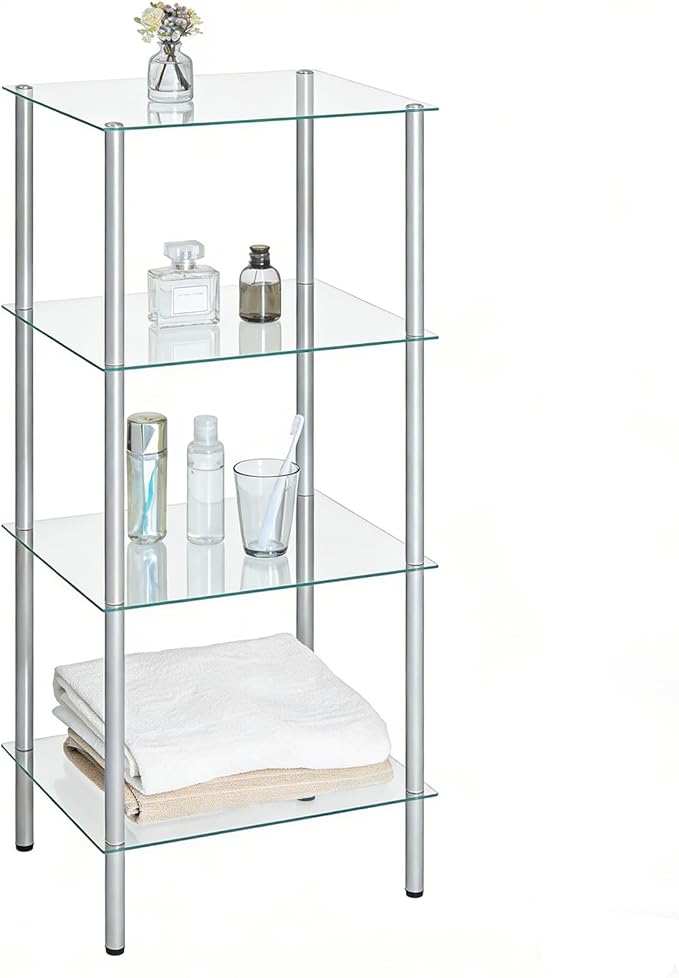 HOOBRO Glass Shelf, 4 Tier Bathroom Standing Shelf Unit, Tempered Glass Shelving Stand for Small Space, Perfume Stand Organizer, Space-Saving, for Bathroom, Bedroom, Steel Frame, Silver SV04CJ01