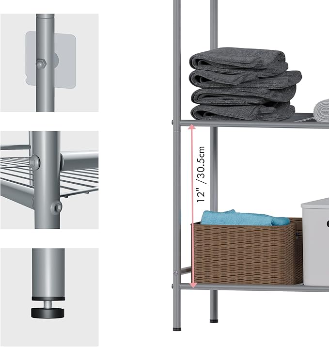 LEEDA 3-Tier Metal Shelving Unit, Sturdy Bathroom Storage Shelf & Free Standing Towel Rack with Adjustable Feet, Open Floor Shelves for Small Space in Bathroom, Kitchen, Office, Silver-Gray