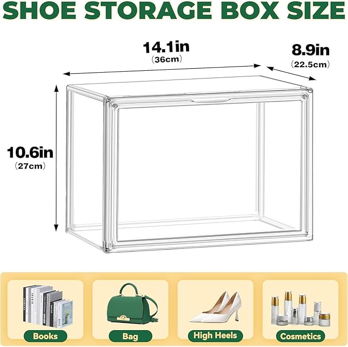 EDS FAM 6 Pack X-Large Acrylic Display Case, Size 14 Clear Shoe Box Stackable Sneaker Display Case with Magnetic Lid Multipurpose Storage Bin for Closet for Purses, Handbags, Cosmetics, Collectibles
