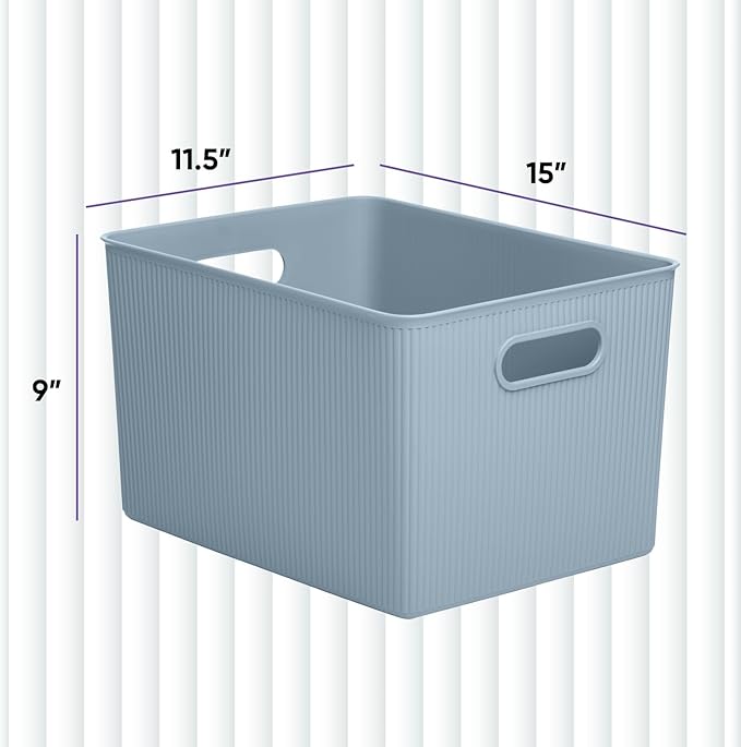 Superio Ribbed Collection - Decorative Plastic Basket Open Home Storage Bins Organizer, X-Large Blue (4 Pack) Container Boxes for Organizing Closet Storage Bins for Shelves 22 Liter/23 Quart