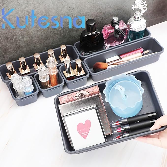 44 PCS Interlocking Drawer Organizer Set,4-Size Plastic Versatile Bathroom and Desk Drawer Divider Organizer Trays,Multi-size Storage Bins for Office,Jewelries, Kitchen Utensils and Makeup