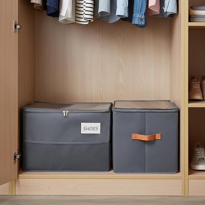 Shoe Organizer for Closet, Foldable Shoe Box Storage Containers with Clear Cover, Smooth Zipper, Reinforced Handles and Bottom Support, Space Saving Shoes Holder, Gray (1, Small)