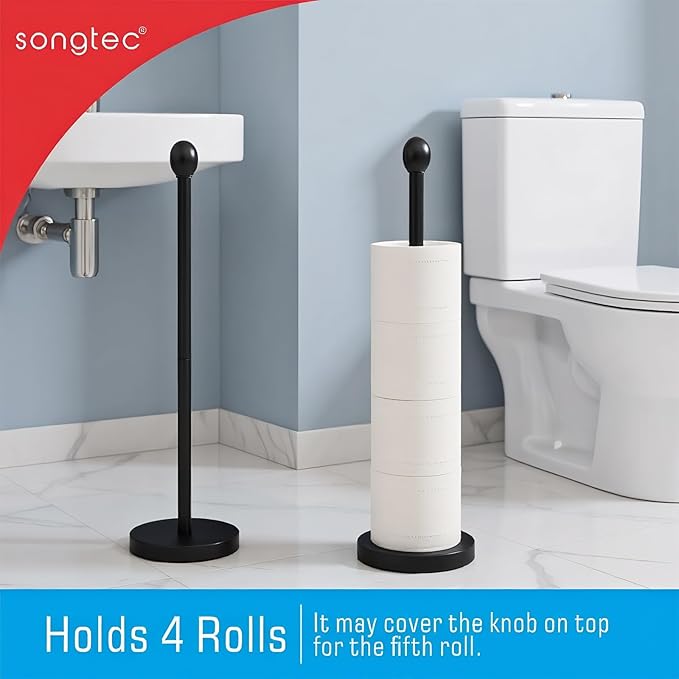 Songtec Toilet Paper Holder Stand, Black Floor Standing Tisse Roll Holder with Reserve for 4 Rolls, Compact Design Bathroom Toilet Paper Storage - Black