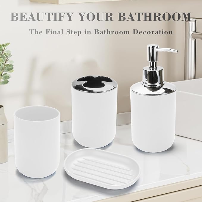 4 Pcs White Bathroom Accessories Set,Bohemian Bathroom Toothbrush Holder Set.Include Soap Dispenser, Soap Dish, Toothbrush Holder, Mouthwash Cup, Modern Bahtroom Decor Set