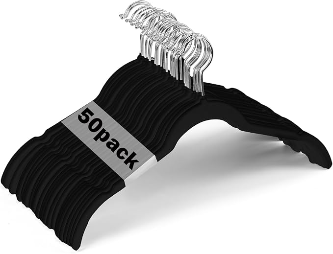 50 Pack Velvet Hangers Non-Slip Shirt Clothes Hangers 360° Swivel Hook Slim Flocked Coat Hanger Heavy Duty Space Saving Felt Hanger for Women Men Pants Jackets Dress(Black)