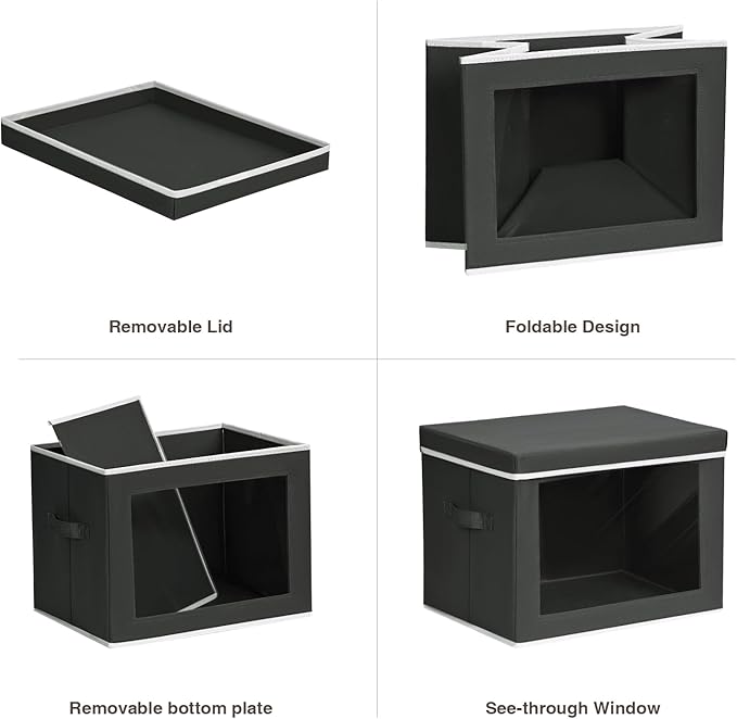 Storage Boxes with Lids, Collapsible Storage Bins with Handles, Closet Storage Baskets with Window, Fabric Storage Containers for Organizing Clothes, Towels, Books, 3 Packs, Black