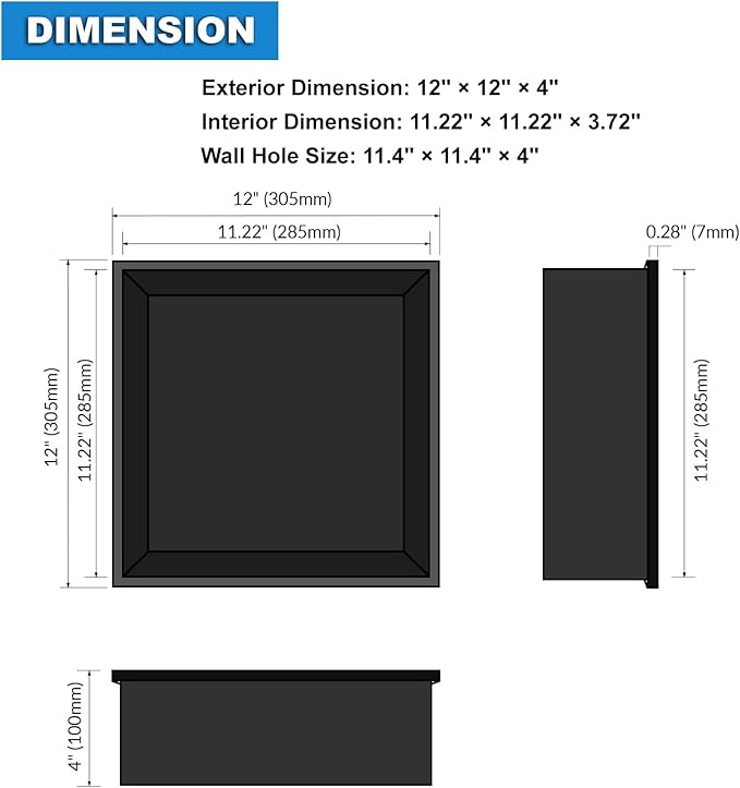 BATHFINESSE Shower Niche 12 x 12, Matte Black Stainless Steel Shower Niche Shelf Recessed for Bathroom Storage No Tile Needed Over Mount Installation