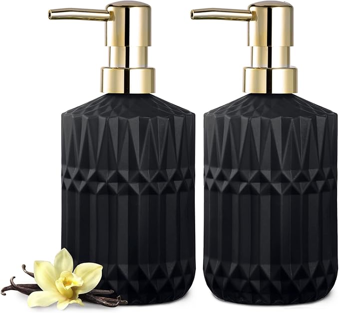 EMPO Clear Glass Soap Dispenser with ABS Plastic Pump, Crystal Lotion Dispensers for Kitchen Sink, Bathroom (2Pack Matte Black)