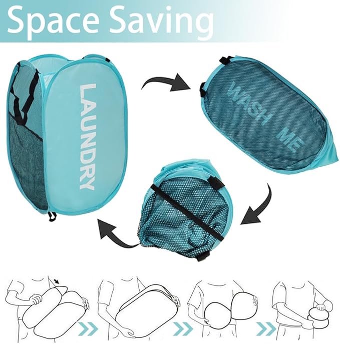 2Pack Mesh Pop Up Laundry Hamper, Foldable Laundry Basket with Side Pocket for Bedroom, Laundry Room, Travel, Cruise (Black+Blue)