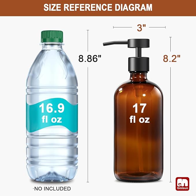 GMISUN Amber Glass Soap Dispenser, 2 Pack Bathroom Hand Soap Dispensers with Stainless Steel Flat Pump, 17 Fl Oz Kitchen Dish Soap Dispenser, Modern Vintage Liquid Brown Soap Dispensers Bottle Set