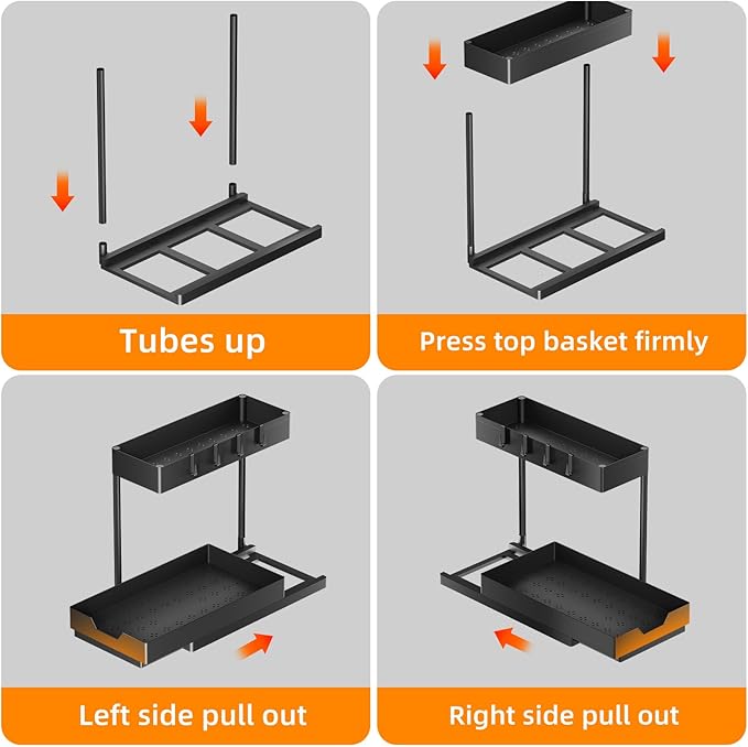 Simple Trending Under Sink Organizer 2 Pack, Sink Pull-Out Sliding Storage Cabinet, 2-Tier Under Shelf Organizer for Kitchen Bathroom with Hooks, Black