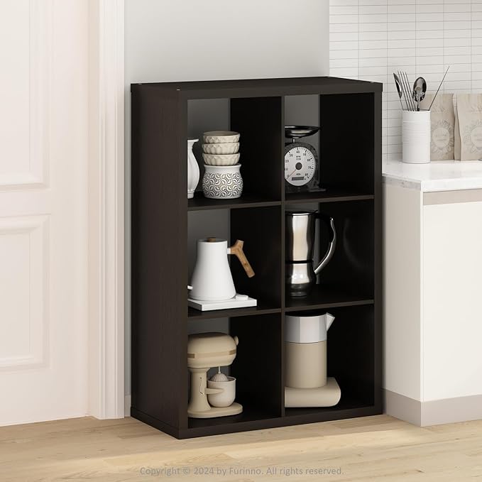 Furinno HERMITE Kitchen Island, 6-Cube Coffee Bar, Extra Thick Kitchen Storage, Bakers Rack, for Pantry Organizers and Storage, Kitchen Organization, Black Dark Oak