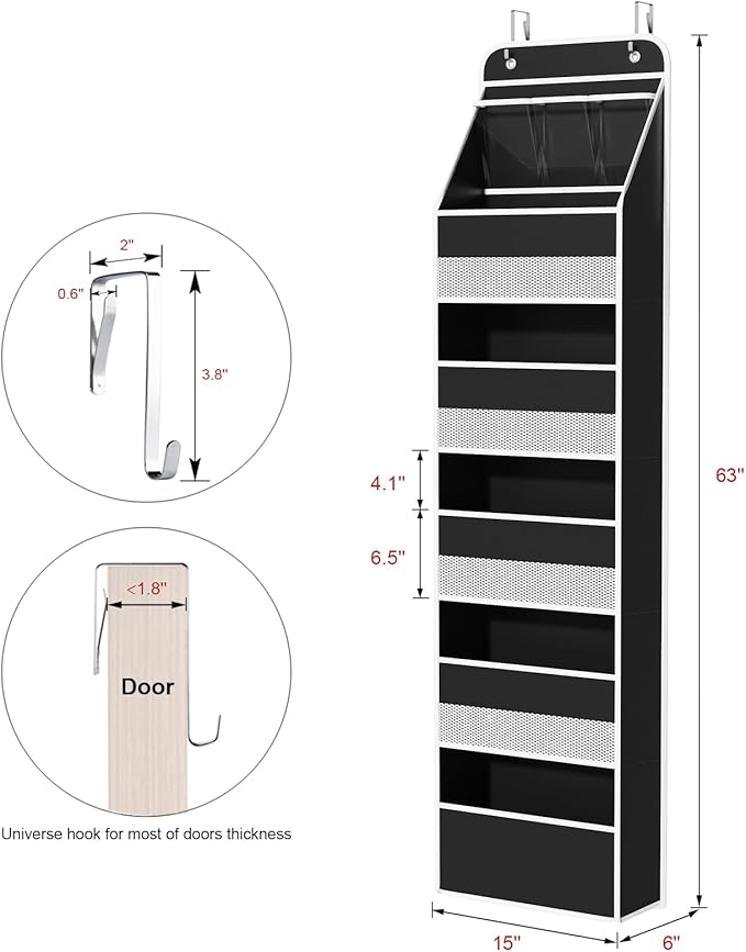 Univivi 6-Shelf Over Door Hanging Organizer Fabric Baby Door Storage with 5 Large Pockets and 3 Small PVC Pockets Wall Mount Hanging Storage Organizers for Baby Essential (Black)