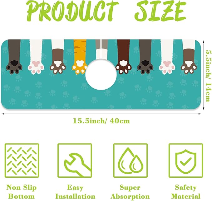 Sink Splash Guard Faucet Mat Cat Paws and Footprints Absorbent Fast Drying Mat Sink Gadgets Splash Guard Behind Faucet Drip Catcher for Kitchen Bathroom 15.5"X5.5"