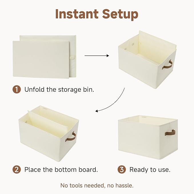 StorageWorks Foldable Storage Bins with PU Handles, Closet Storage Baskets, Fabric Bins for Clothes Storage, Ivory White, 3-Pack, Extra Large