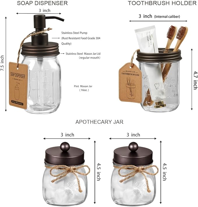 Amolliar Mason Jar Bathroom Accessories Set (4 Pcs) - Lotion Soap Dispenser & 2 Cotton Swab Holder & Toothbrush Holder-Rustic Farmhouse Decor, Countertop Vanity Organize, Bathroom Home Decor (Bronze)
