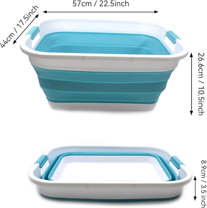 SAMMART Set of 2-41L(10.8 gallon) Collapsible Plastic Laundry Basket-Pop Up Storage Container-Portable Washing Tub-Space Saving Hamper, Water capacity:32L(8.4 gallon) (2 rectangular, Bright Blue)