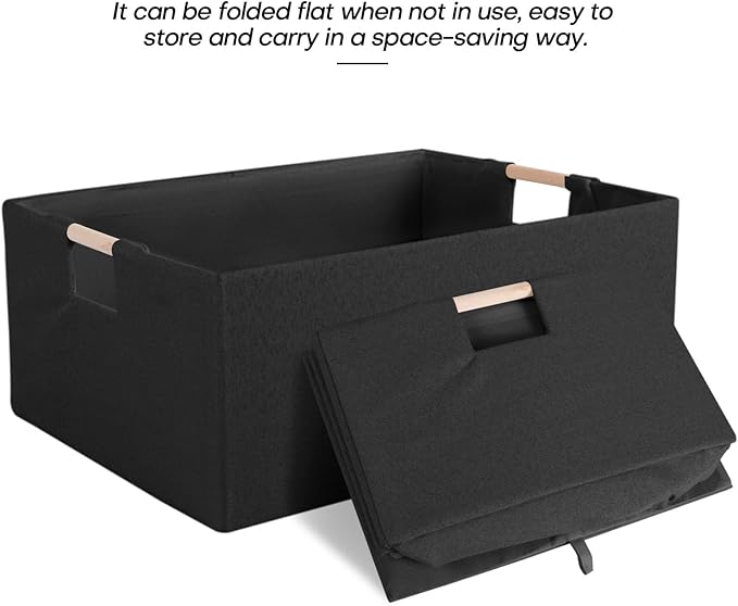 Fabric Storage Bin Box Foldable Cotton Linen Storage Basket with Wooden Handles Rectangular Cube Decorative Home Laundry Organizer Clothes Blanket Container – Black, Small