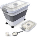 Rice Storage Container, Collapsible Airtight Food Storage Containers 20-30lbs with Clear Lid and Wheels, Rice Dispenser with Scoop for Flour Cereal Pasta Grain, Cat Pet Bird Dog Food Storage Container