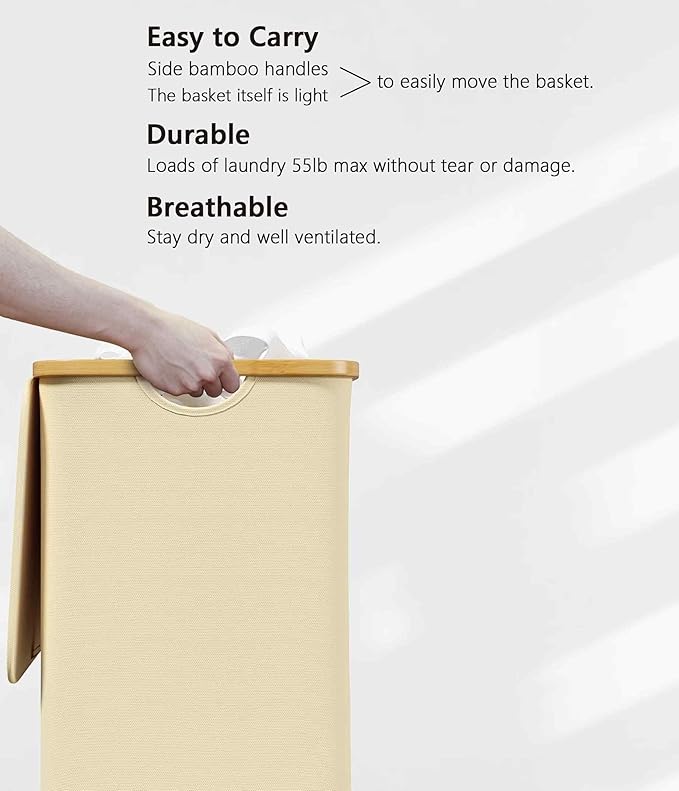 SUOCO Laundry Hamper with Lid, 29 Gal (110L) Clothes Basket with Bamboo Handles, Large Foldable Laundry Hamper for Bedroom, Bathroom, Dorm, Laundry Room - Beige