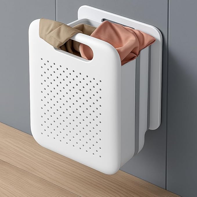 Collapsible Laundry Basket, Space-Saving Wall-Mounted Hamper, Detachable Hanging Organizer for Home, Dorms, RVs, Measures 11.8" x 8" x 14.7" In (White)
