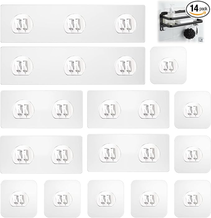 Aphohome Shower Caddy Adhesive Replacement Hooks 14 Pack, Strong Transparent No Drilling Sticky Pads for Bathroom Shower Shelf Kitchen Rack Storage, Multi Size Adhesive Pads