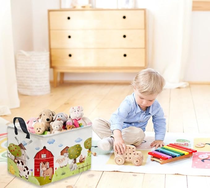 Rectangular Kids Baskets,Farm Baskets for Kids .Waterproof PE Coating Cute Basket with Handles.Boys Bins,Gifts Box,Books Basket. (Farm)
