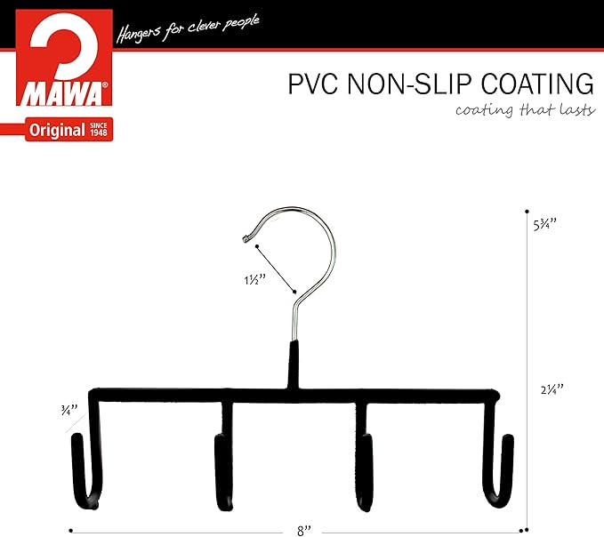 Mawa by Reston Lloyd Non-Slip Space-Saving Clothes Hanger For Belts with 4 Hooks, Style GH, Set of 5, Black