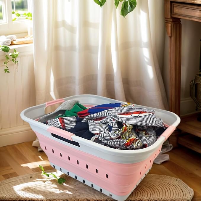 SAMMART 42L (11 gallon) Collapsible Plastic Laundry Basket - Foldable Pop Up Storage Container/Organizer - Portable Basket - Space Saving Hamper/Basket (2, Little Boy Blue+Quartz Pink)
