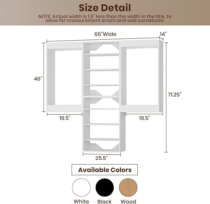 ROOMTEC Modular Closet System, 66" Wall-Mounted Closet Organizer with Hanging Rods and Shelves, Wooden Tower for Walk-In Closets, Wardrobe Storage Kit, White