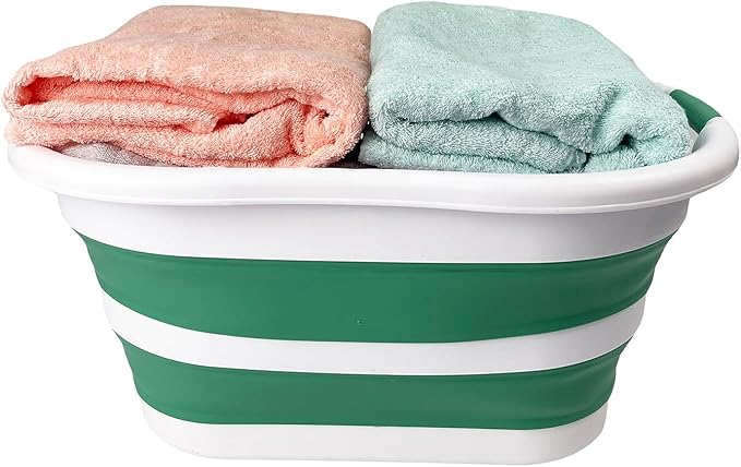 SAMMART 40L (10.5 gallon) Set of 2 Collapsible Plastic Laundry Hamper - Foldable Pop Up Storage Container/Organizer - Portable Washing Tub - Space Saving Basket (2, White/Winter Green)