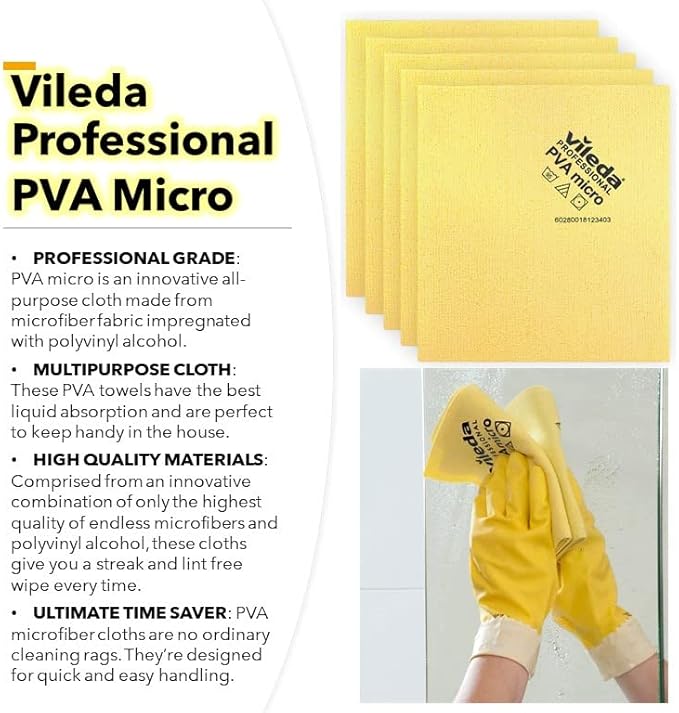 Vileda Professional | PVA Microfiber Cloth | All Purpose Cleaning Shammy | Shiny Streakfree Results | Synthetic Chamois Towel | Ideal for Hard Surfaces | Smooth Absorbent Materials | 5 Pack | Yellow