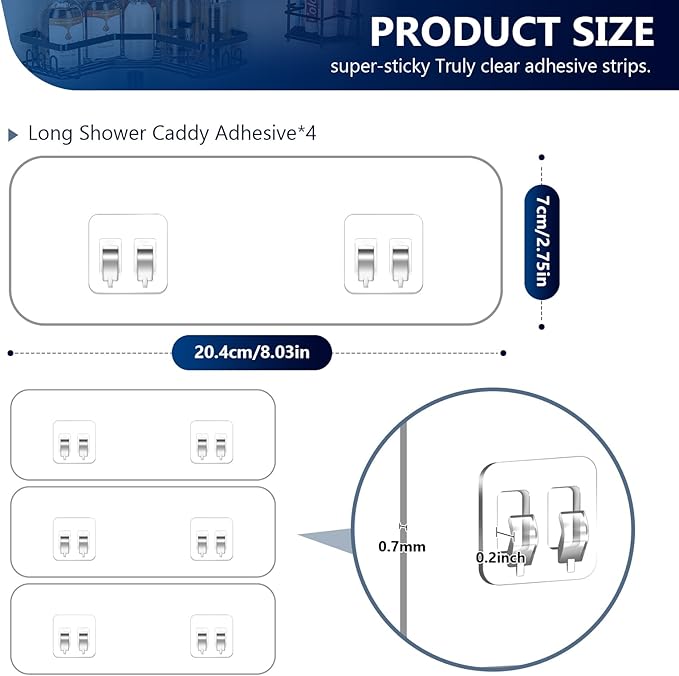HAOBAOBEI 9-Pack Shower Caddy Adhesive Replacement, Transparent Adhesive Hooks Stickers, Strong Hook Strip for Shower Caddy Basket Shelf, Soap Holder, Bathroom Storage Corner Shelves, Kitchen Racks