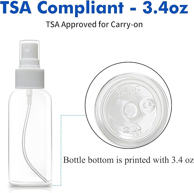 5 Pack 3.4 oz Travel Spray Bottles TSA Approved Fine Mist Travel Size Spray Bottle for Liquids Refillable Empty Clear Plastic Bottles with Labels