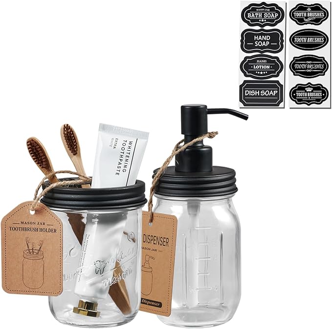 SheeChung Mason Jar Bathroom Accessories Set, 2Pcs Glass Bathroom Accessory Set, Soap Dispenser, Toothbrush Holder, Bathroom Decor, Rustic Farmhouse Decor - Black