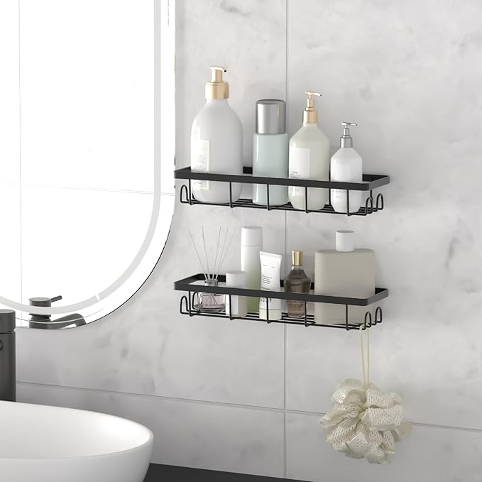 Uninol Shower Caddy Organizer with Hooks,Self Adhesive Bathroom Shelves,No Drilling Bathroom Organizers and Storage,Perfect for RV, Apartment, Home Decor,2 Pack Black