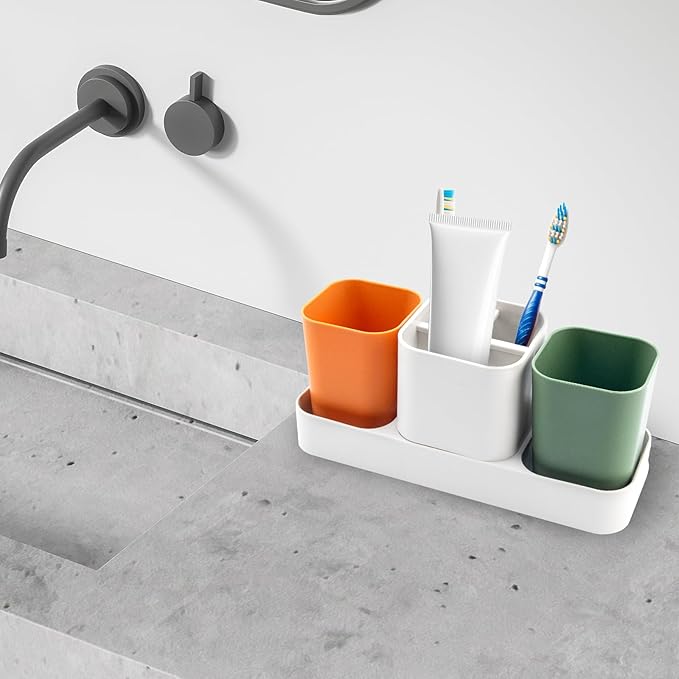 Toothbrush Holder for Bathroom, Bathroom Organizer Storage Set with 2 Cups, Kids Electric Toothbrush Holder, Bathroom Accessories Storage for Toothpaste